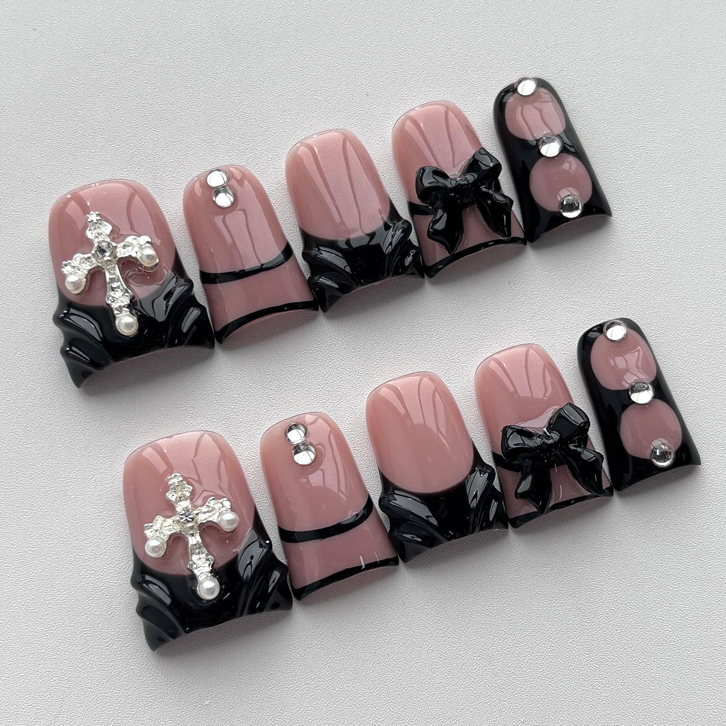 French Tip Press on Nails Handmade Short Duck 3D Thick Acrylic Nails Black False Nails with Bow Water Ripple Rhinestones Designs Gothic Glossy Fake Nail Sturdy Art Press on Nail 10Pcs(M)
