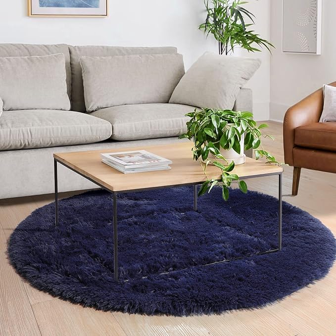 Dark Navy Round Rugs 5Ft for Teen Boys Bedroom, Circular Fluffy Shag Fuzzy Plush Circle Area Rug for Kids Room, Living Room Decor Aesthetic, Indigo Furry Cool Dark Blue Carpet for Dorm Baby Nursery