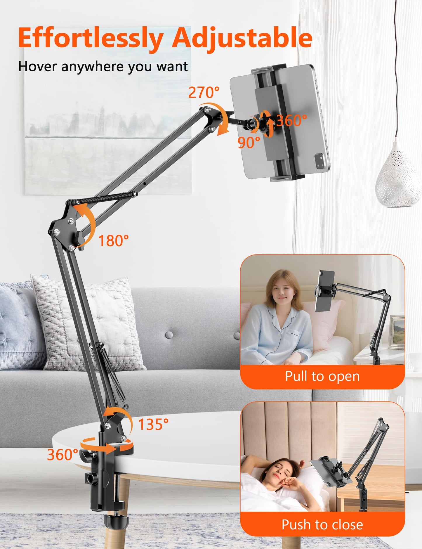 Evekea Tablet Holder for Desk, iPad Stand Phone Holder for Desk, Overhead Tablet Desk Mount for Bed with 360° Rotation, Compatible with iPhone iPad Kindle 4.7-13" Devices