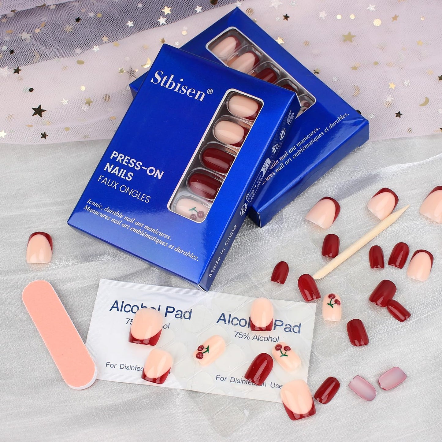 Mivota Cherry Press On Nails Short Square Shape Glossy French Tip Fake Nails with 3D Cherry Design, 30PCS Reusable Acrylic Stick On Nails, Cute Red & Pink False Nails for Women