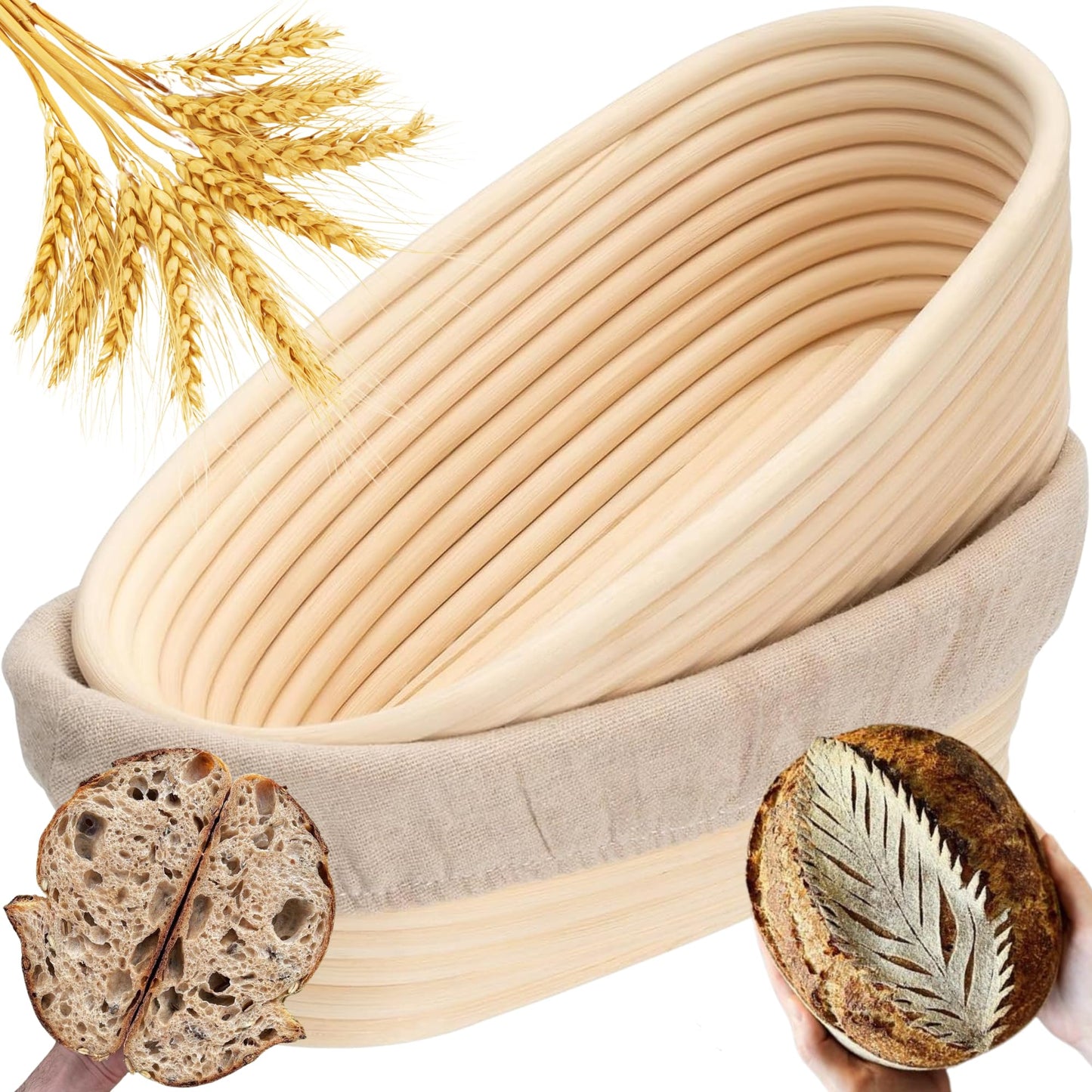 Banneton Bread Proofing Basket 2 pack 10 inch Oval Basket with Liner, Bread Proofing Basket Perfect for Professional & Home Sourdough Bread Baking, Artisan Sourdough Bread (Set of 2 pack 10" Oval)