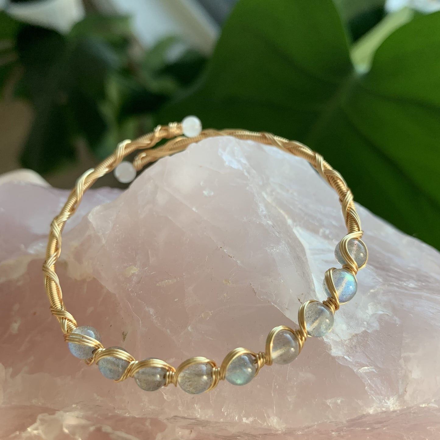 PSEEHEE Handmade Genuine White Labradorite Rainbow Moonstone 14k Gold Filled Wire Wrapped Bracelet, Adjustable Size Crystal Beads Birthstone Gemstone Bohemian Jewelry Women