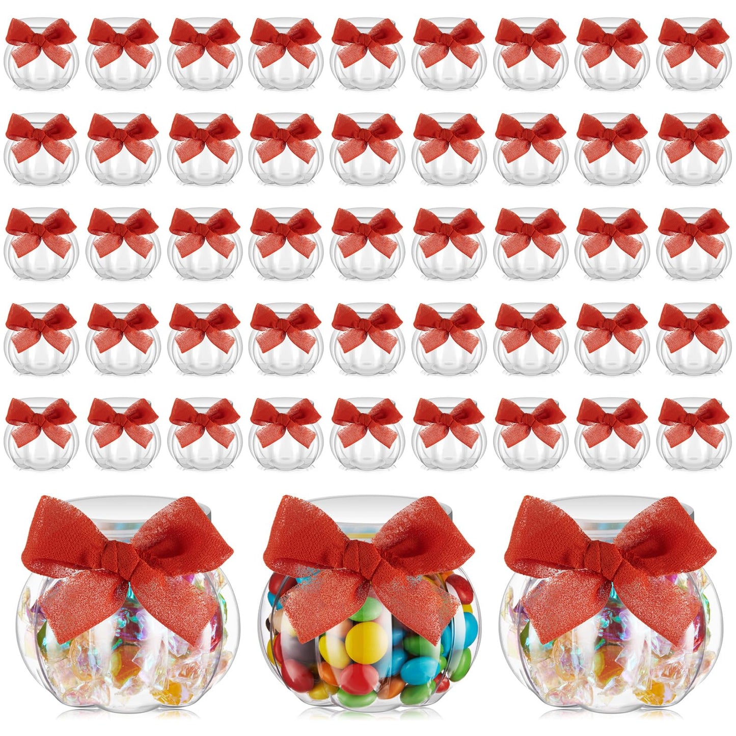 Mimorou 48 Pcs Pumpkin Jar Bulk Plastic Thanksgiving Pumpkin Candy Jars with Bow Ribbon 8 oz/ 250 ml Clear Small Candy Bowl with Lids Snack Storage for Thanksgiving Home Wedding Party