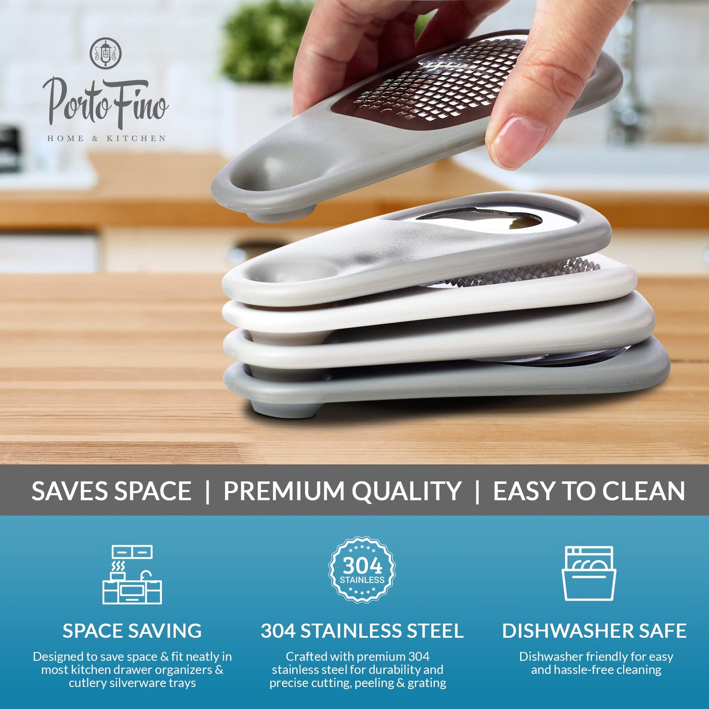 PortoFino Kitchen Gadgets Set 5 Pieces, Includes Pizza Cutter, Cheese Grater, Vegetable Peeler, Bottle Opener, Garlic Grinder, RV Kitchen Accessories, Space Saving Design, Dishwasher Safe
