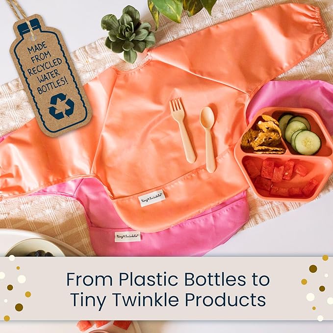 Tiny Twinkle Long Sleeve Bib for Babies & Toddlers – 2 Pack Waterproof Smock Bibs for Eating – Machine Washable & Mess-Proof, Baby Feeding Essential & Shower Must-Have (Rainforest,6–24M)