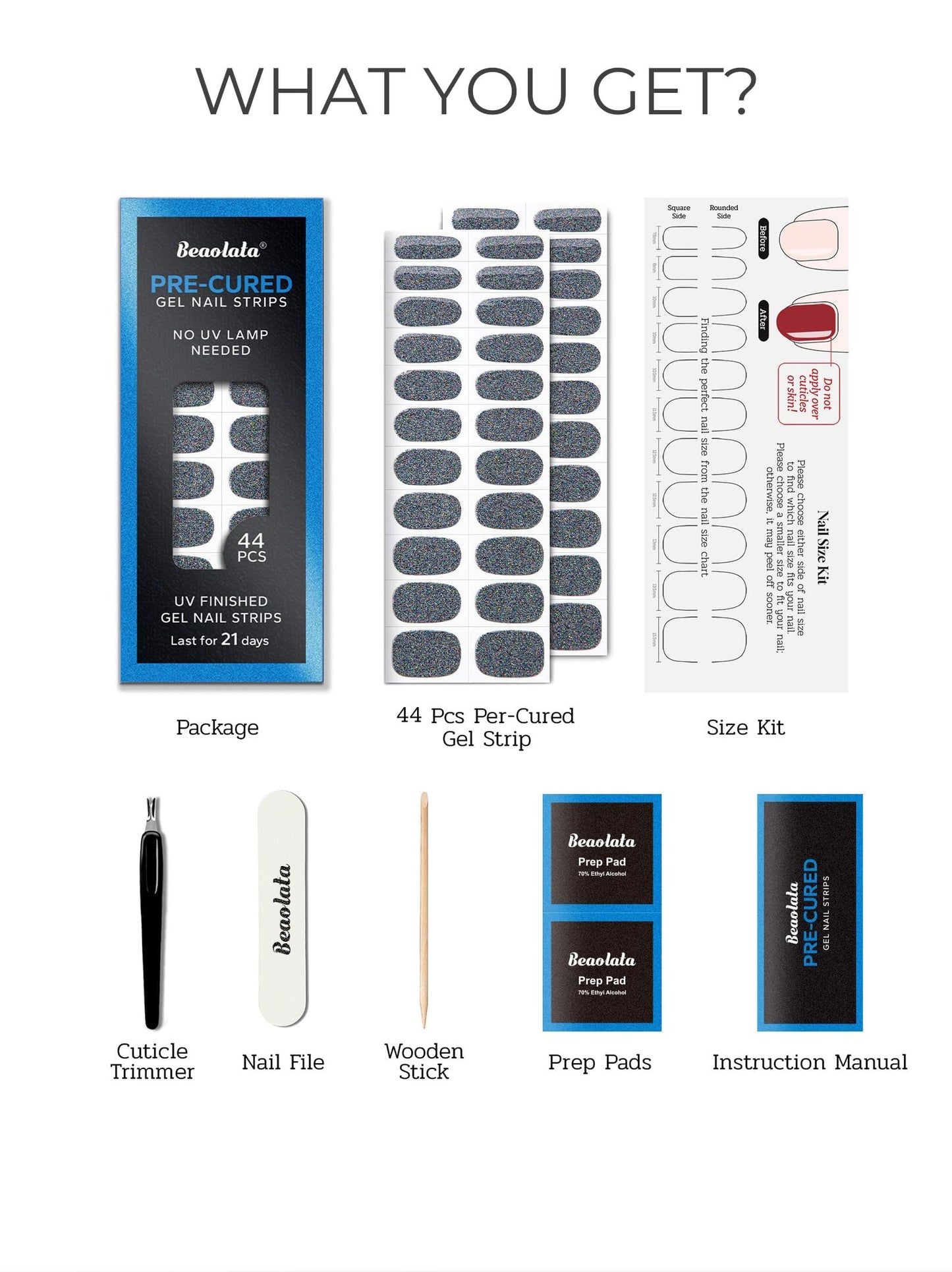 Beaolata Real Gel Nail Strips (No UV Light Needed) - 44Pcs Salon Quality Nail Stickers - Long Lasting Polish Wraps for Women, Easy Apply & Remove (Cool Silver)