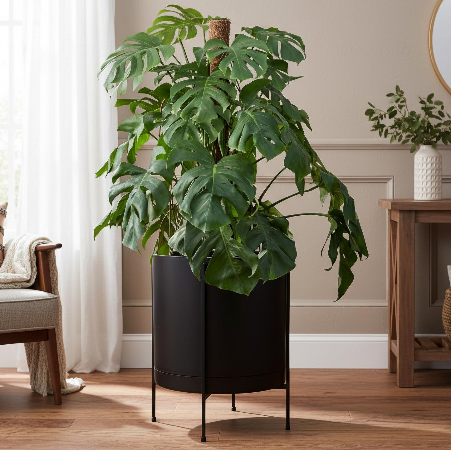 D'vine Dev 16 Inch Black Planter Pot with Stand – Modern Plastic Cylinder Flower Pot with Heavy-Duty Metal Stand for Indoor Plants, 55-D-B-5