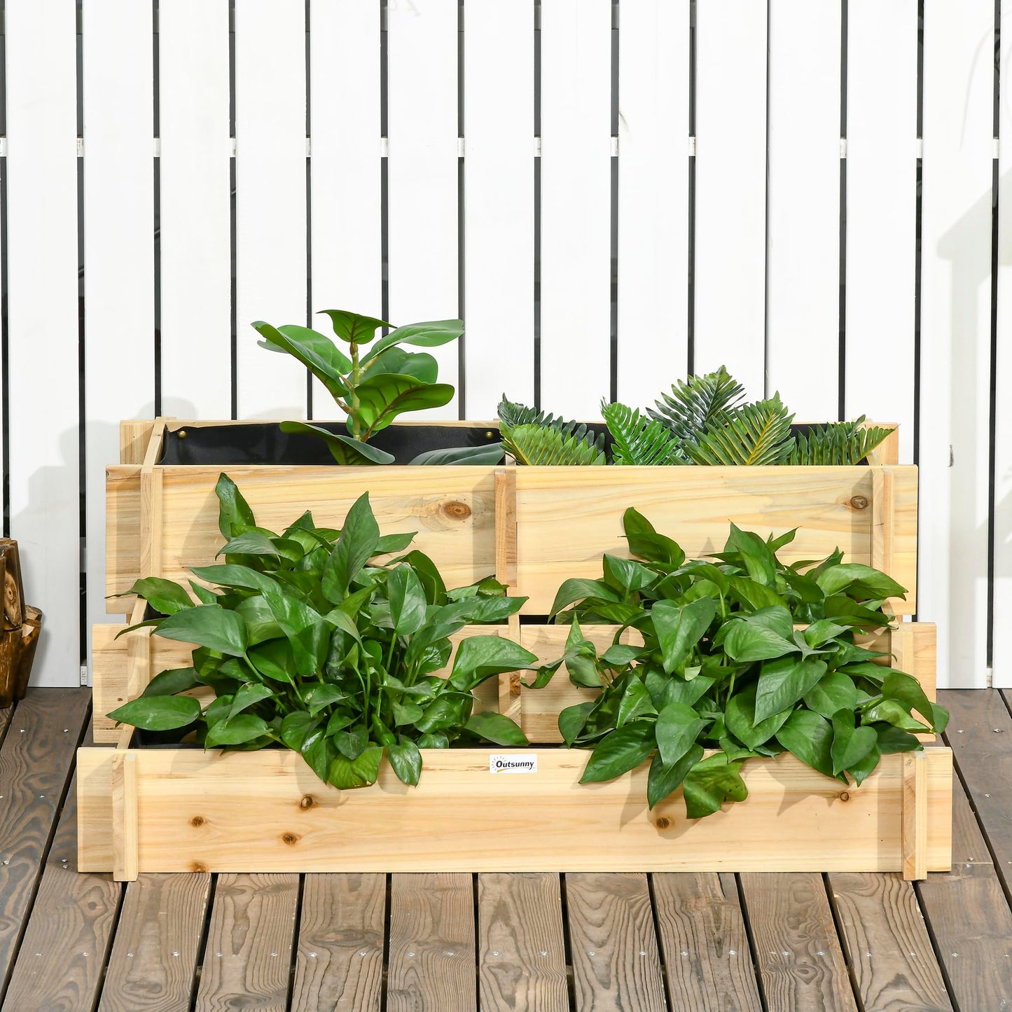 Outsunny 3-Tier Raised Garden Bed with 5 Compartments and Bed Liner, Fir Wood Elevated Planter Box, for Vegetables, Herbs, Outdoor Plants, 37 x 37 x 14in, Natural