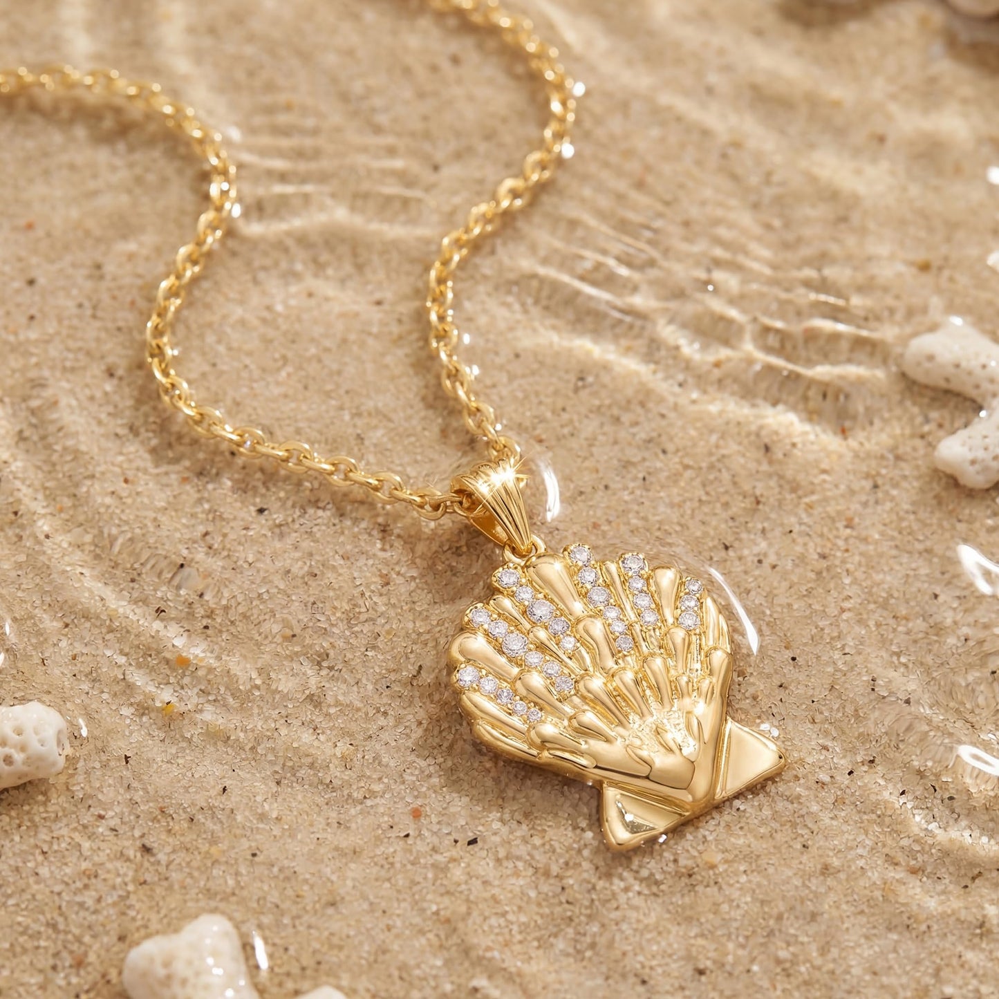 MYEARS Women Gold Necklace Clam Shell Pendant Cubic Zirconia 14K Simple Dainty Thick Chain Everyday Summer Beach Jewelry