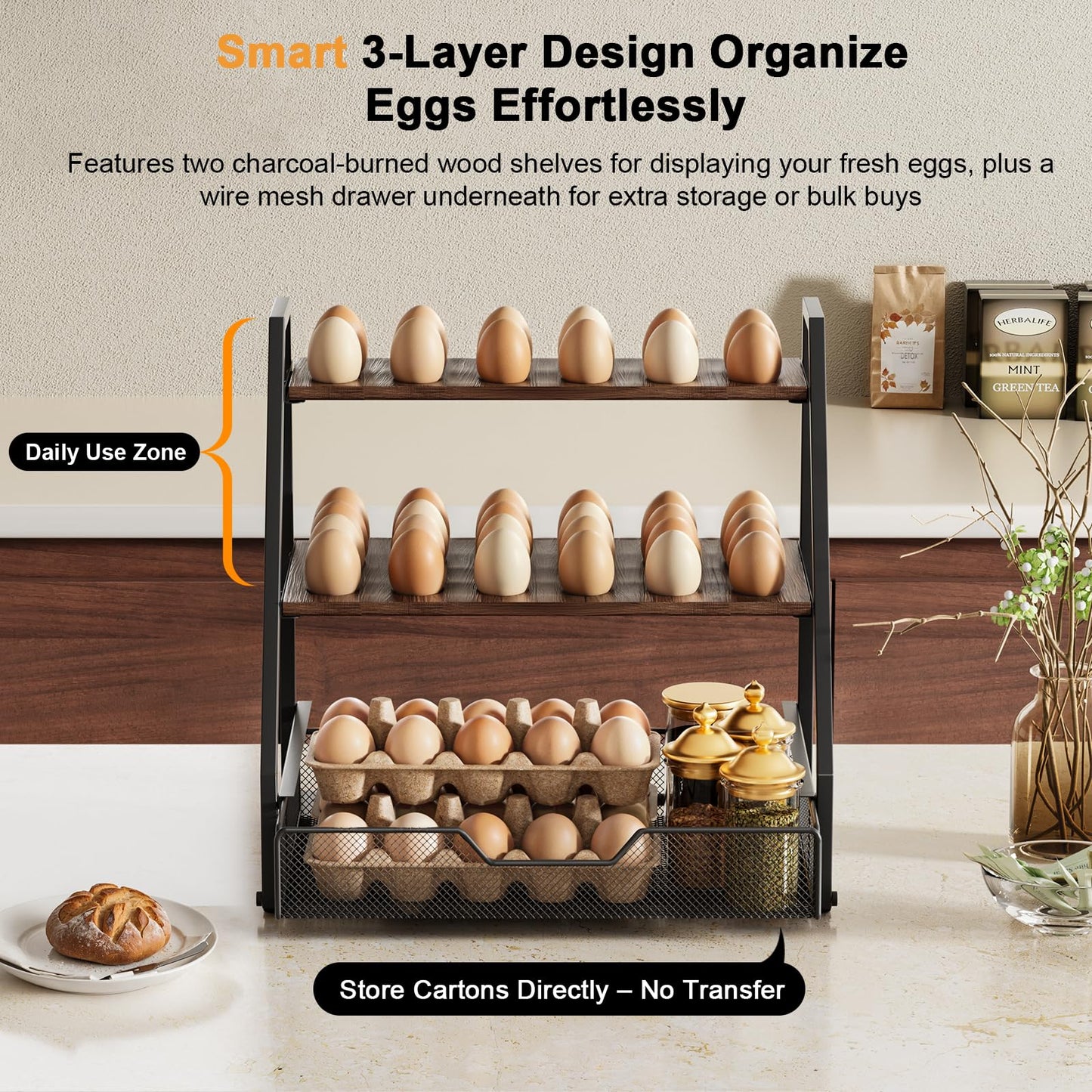 Wolera 3-Tier Wooden Fresh Egg Holder Countertop With Basket for 36+90 Eggs, Storage for Countertop with Carry Handle for Gathering 150+ Fresh Eggs