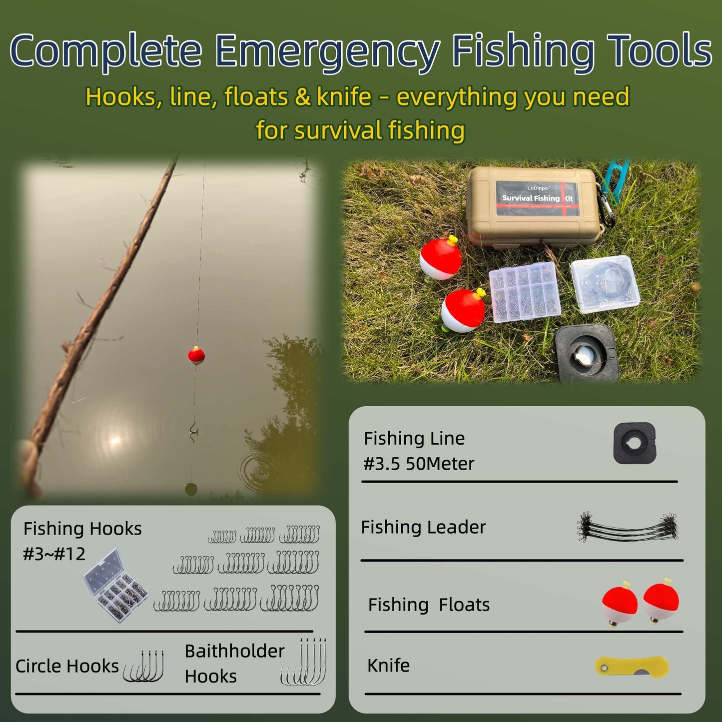 LoDinpo Mini Survival Fishing Kit Compact Emergency Fishing Gear for Camping, Hiking, Bushcraft, Backpacking Small Tackle Box with Hooks, Line, Floats Tools Great Gift for Fishermen, Hikers&Preppers