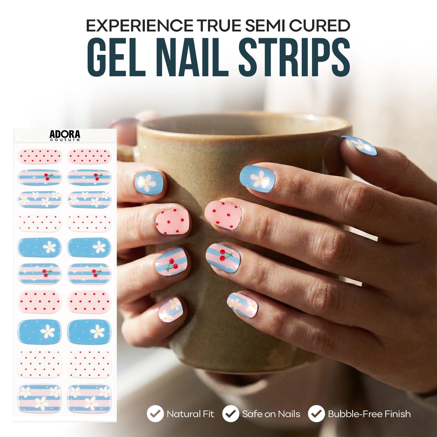 Adora Couture Semi Cured Gel Nail Strips with 20 Pieces - UV Gel Stickers, Manicure Kit, Easy Application Wraps Includes Prep Pads, Nail File, Wooden Stick - UV Light Required (Summer Joy)