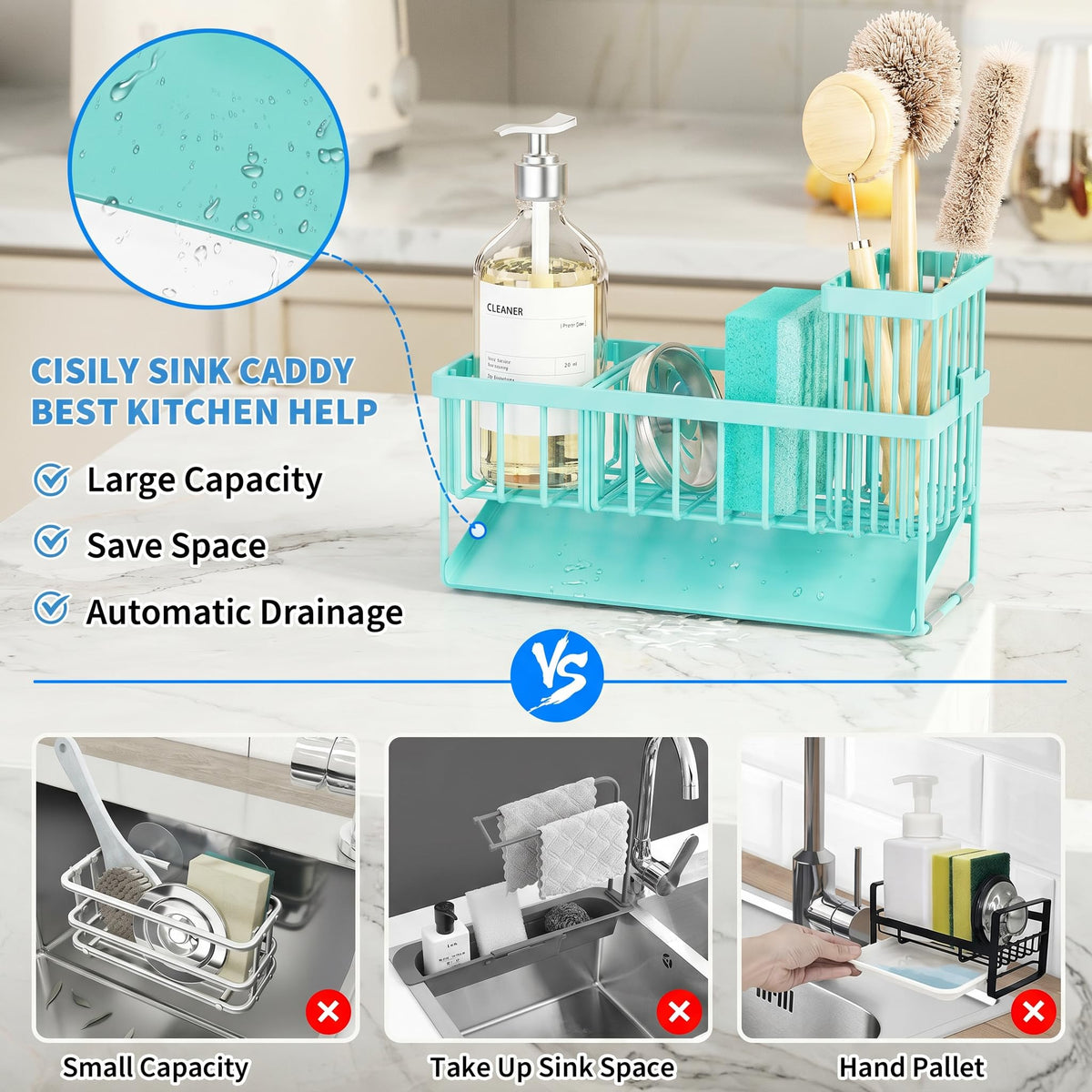 Kitchen Sink Caddy Organzier with High Brush Holder
