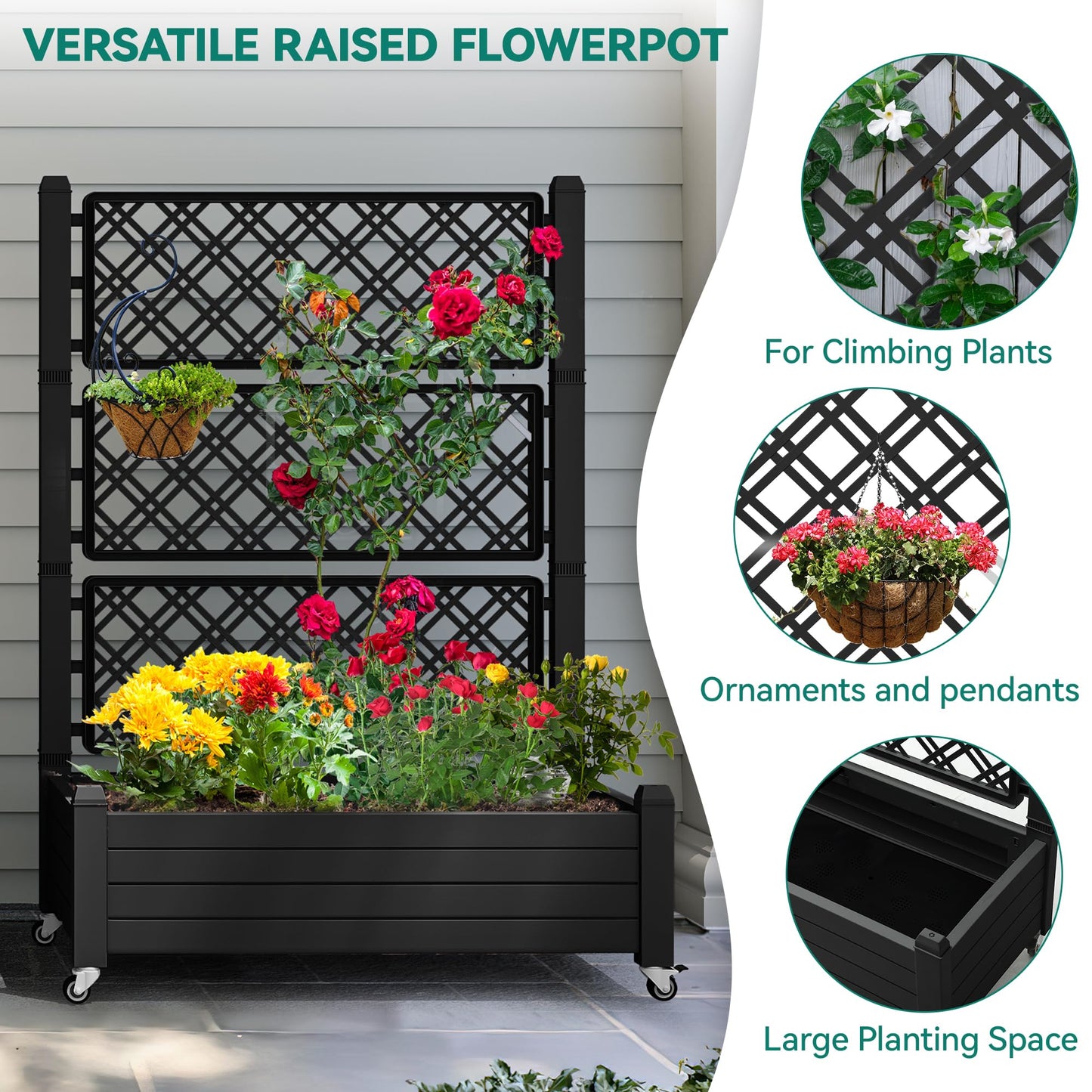 YITAHOME 43.3x17.7x61 in Planter Trellis Box with Wheels & Drain Plug, Outdoor Resin Raised Garden Bed for Climbing Plants, Large Weather-Resistant Design, Black
