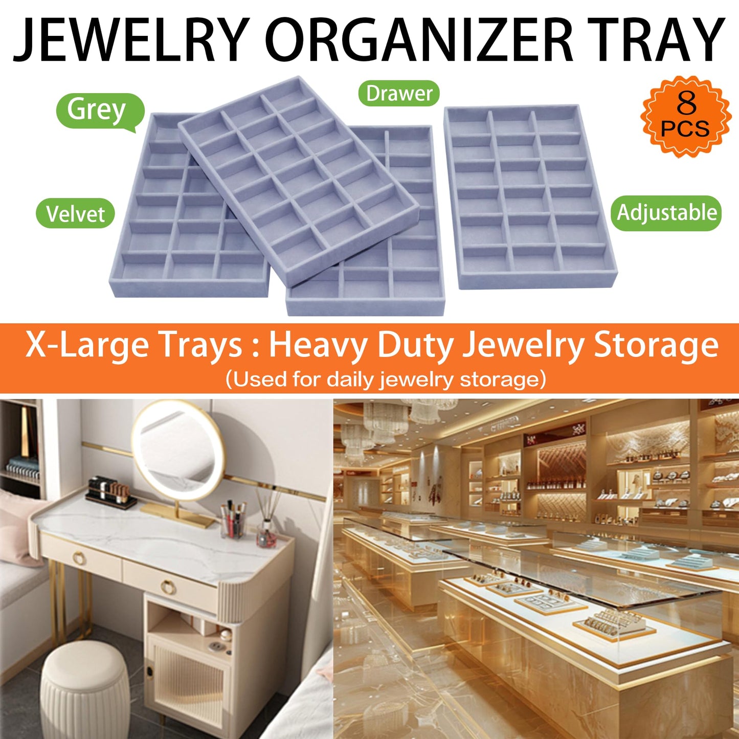 7Color Sky X-Large Jewelrys Tray for Drawer 8 Pack Earring Organizer Stackable Velvet Jewelry Organizer Dresser Rings Studs Earring Holder