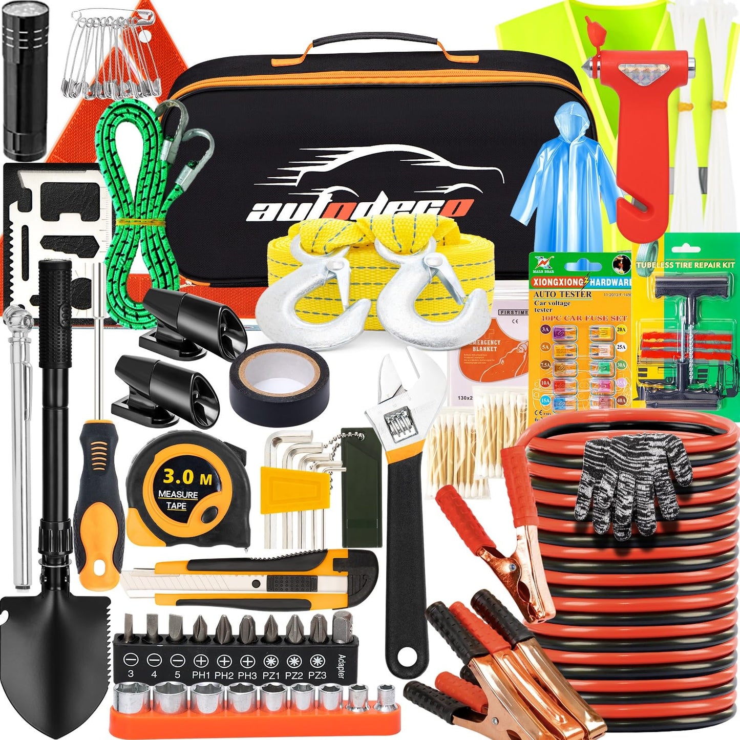 AUTODECO 82Pcs Car Roadside Emergency Kit with Jumper Cable - Automotive Safety Kit with Shovel