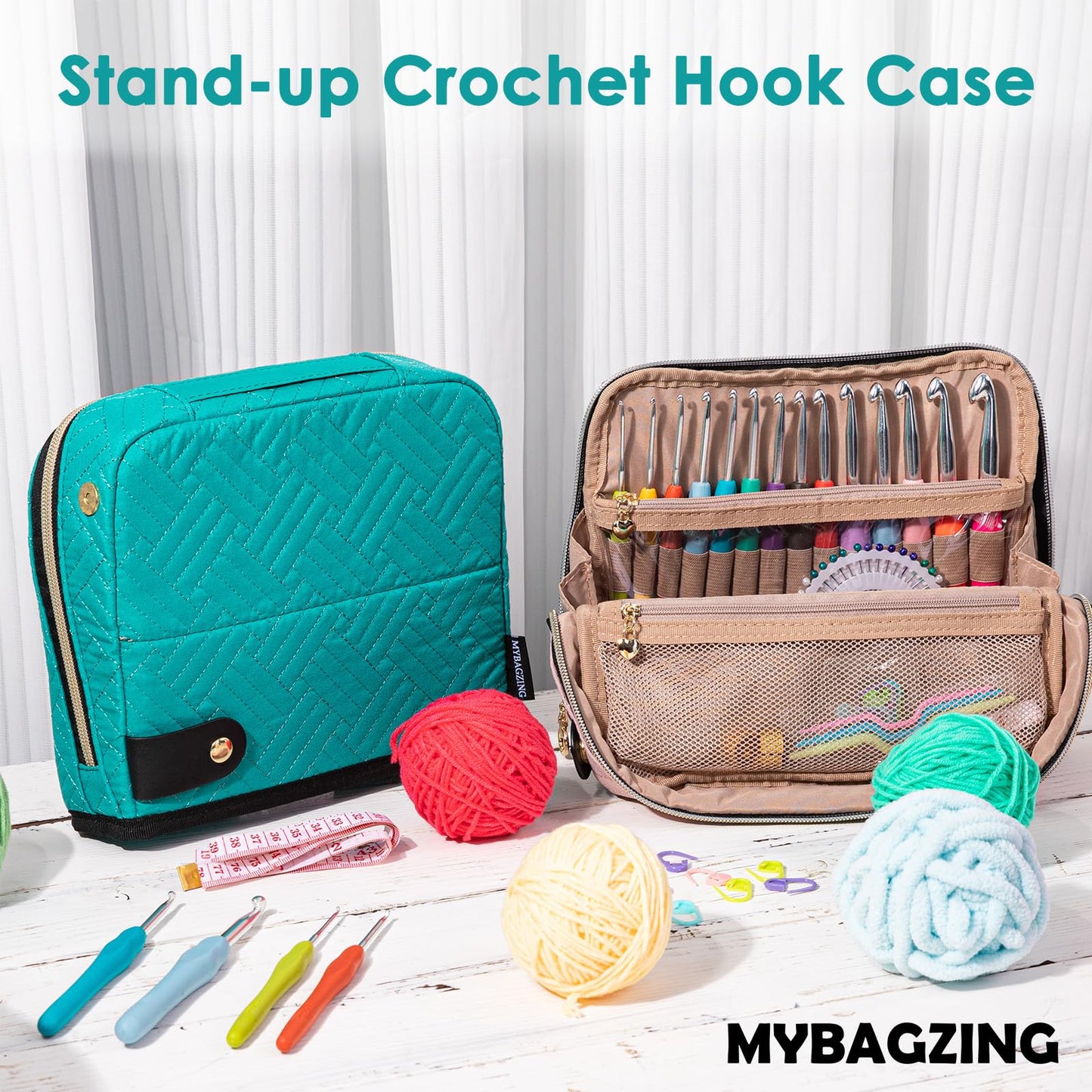 MYBAGZING Crochet Hook Case with 14 Size Crochet Hooks Set 2mm(B)-10mm(N) Ergonomic Crochet Hooks with Crochet Case Stand Up - Crochet Hook Organize for Crochet Lovers, Crochet Kit for Beginners