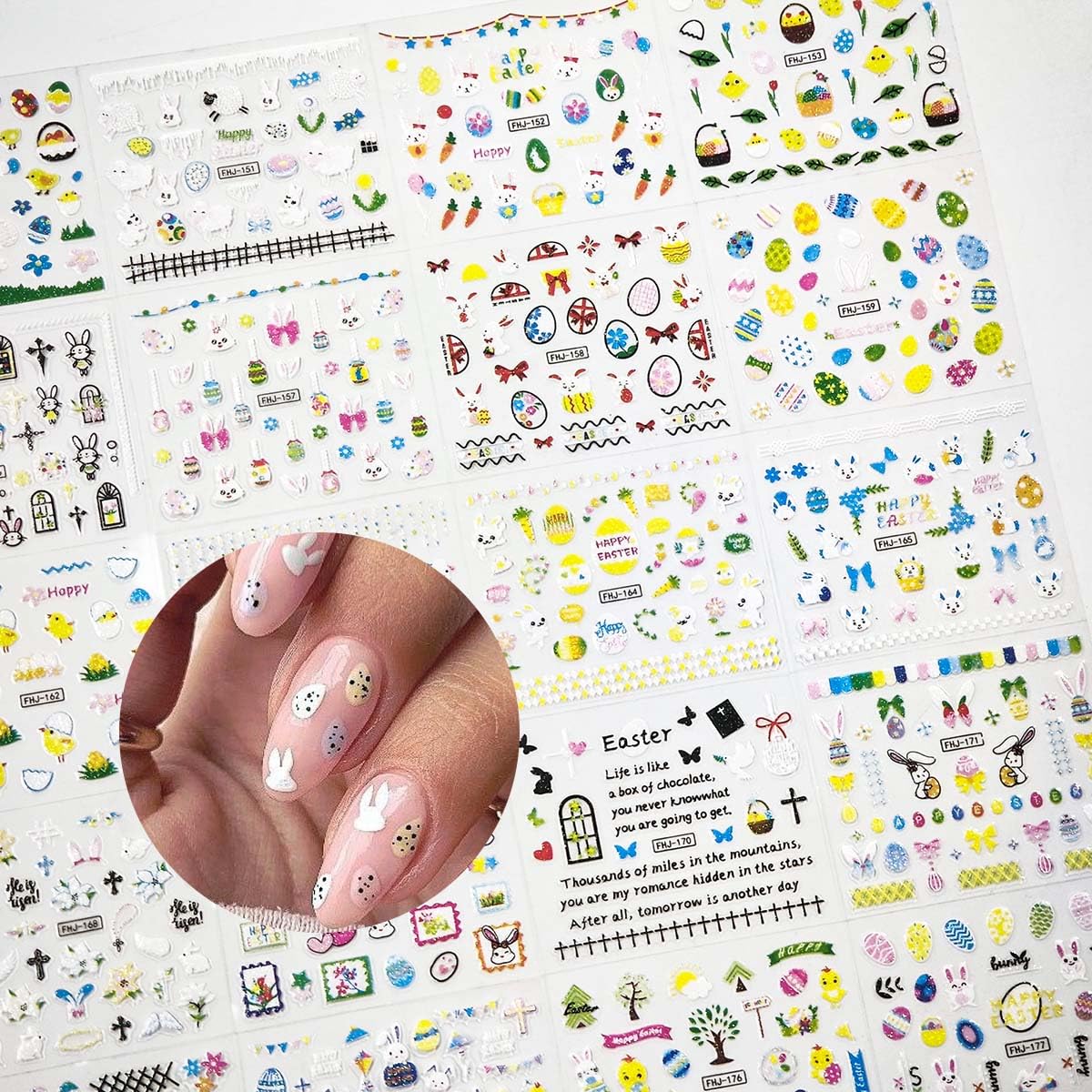 30 Sheets Easter Nail Art Stickers 3D Self-Adhesive Cute Bunny Nail Decals Eggs Flower Design Easter Nail Stickers for Nail Art Women DIY Spring Summer Manicure Decorations Supplies