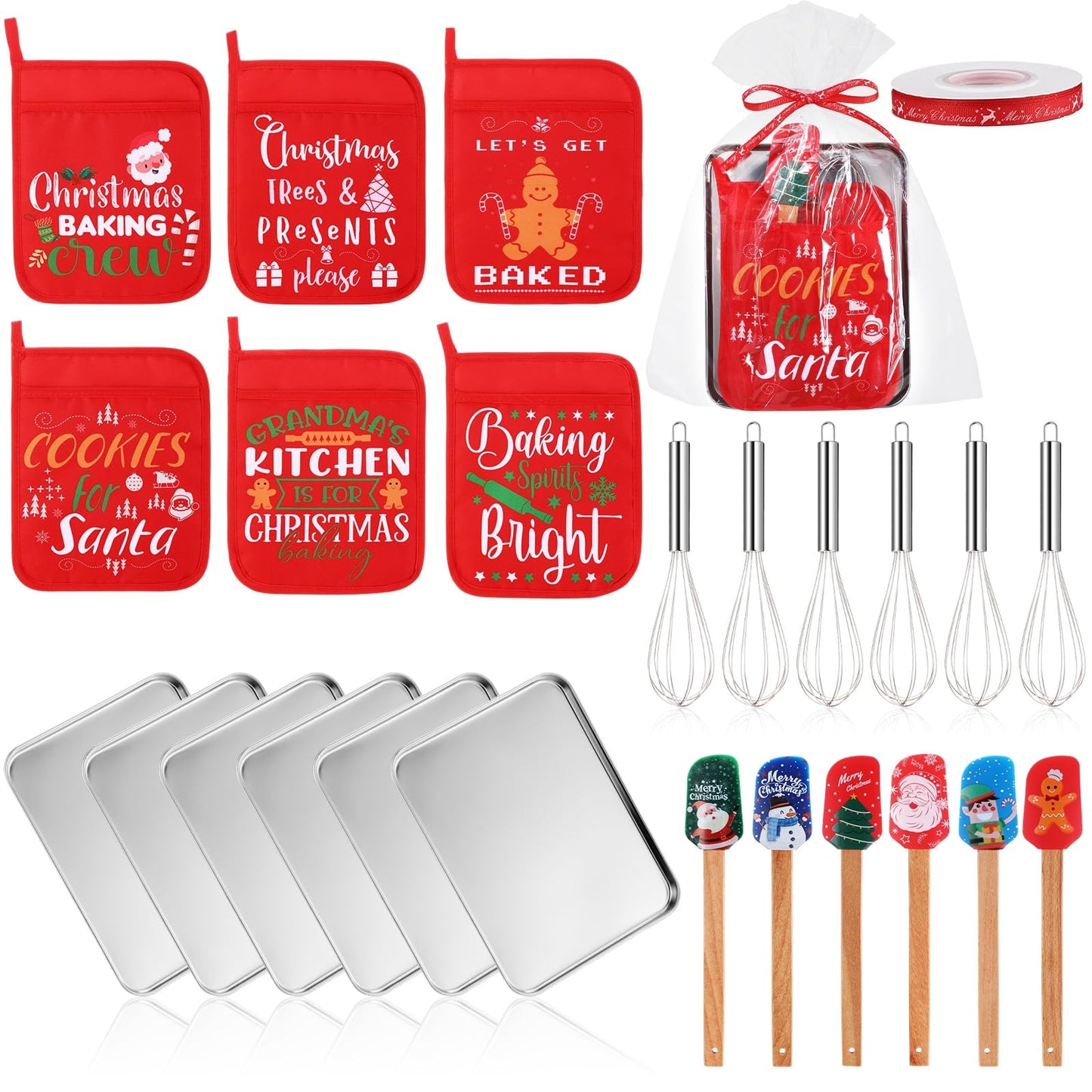 Kritkin 30 Pcs Christmas Kitchen Gift Set Christmas Silicone Spatulas Pot Holders Xmas Cooking Baking Supplies Gift with Pocket Baking Sheet Whisk Spatula for Xmas Party Decor(Retro Style)