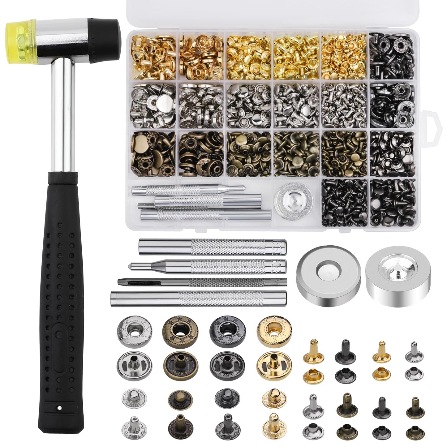 Yizzvb 320 Pcs Leather Rivets Kit, 60 Pcs Leather Snap Fasteners, 2 Size Double Cap Rivets Tubular, Double-Sided Nylon Hammer Fixing Tool Kit, Installation Tools for DIY Projects, Shoes and Repair