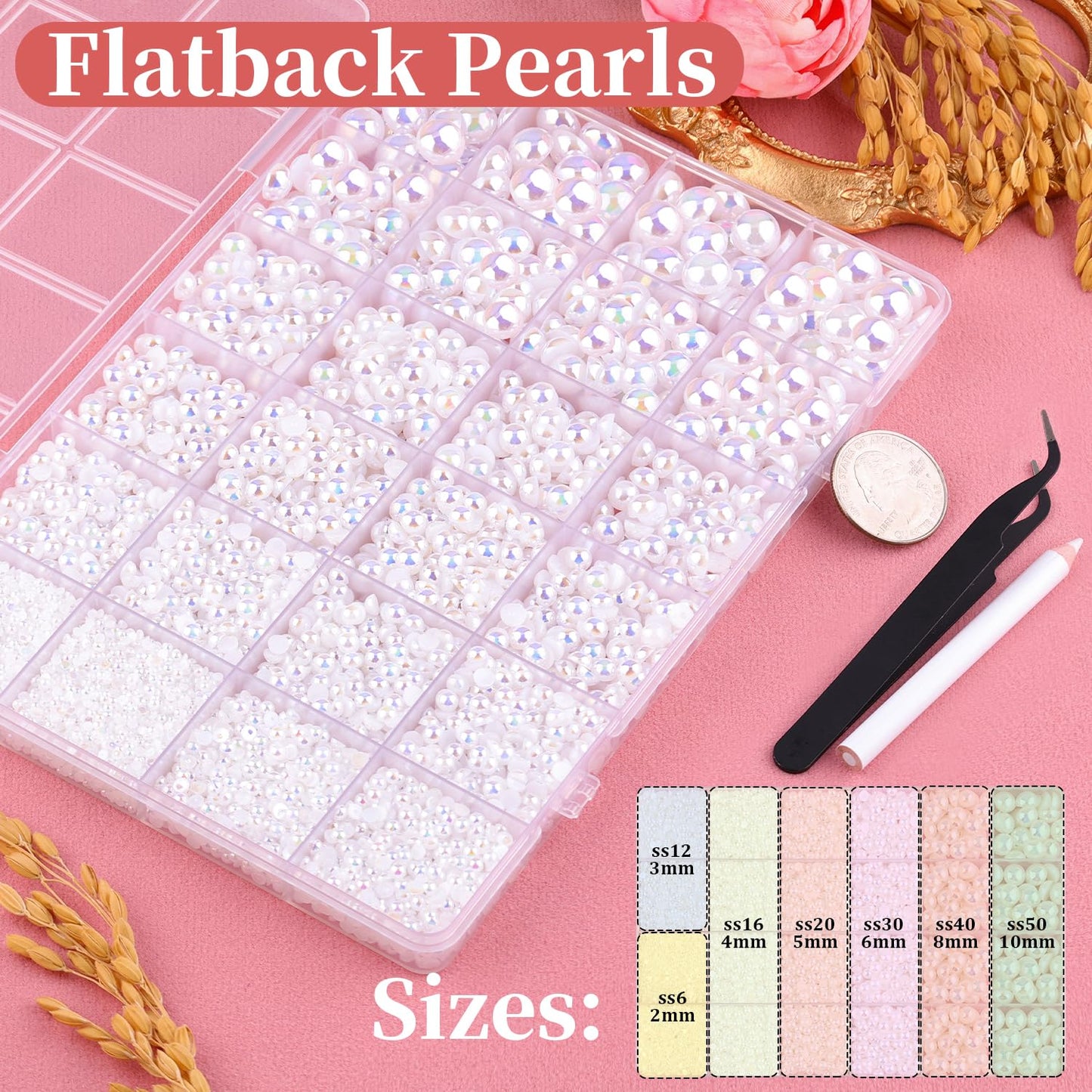 11000Pcs Flatback Pearls for Crafting (White AB), Assorted Size 2/3/4/5/6/8/10mm Non Hotfix Half Pearl, Bedazzling Bead for DIY Crafts Clothing Tumblers Mugs Shoes Fabric Embellishment Nail Art Makeup