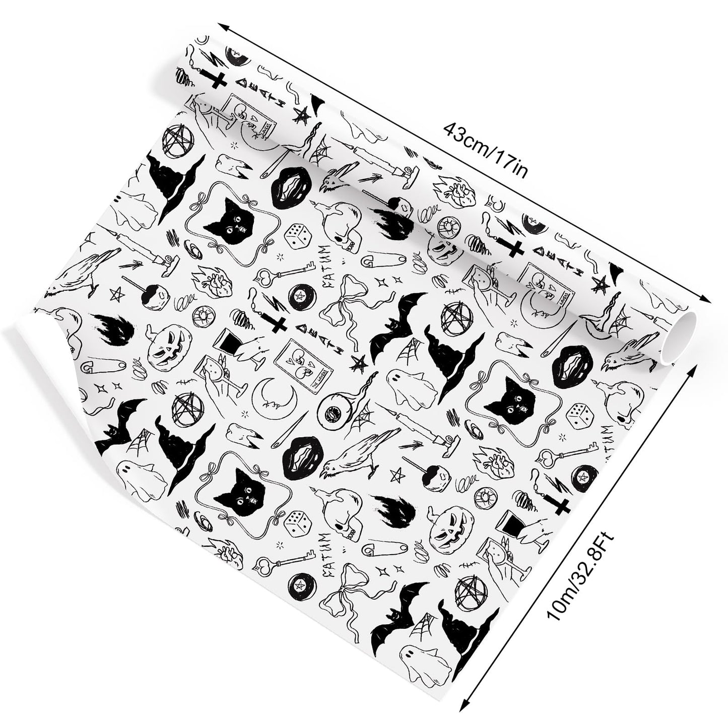 JarThenaAMCS Halloween Wrapping Paper - Mini Roll - 17 Inch x 32.8 Ft Black Cat Ghost Bat Gift Wrap Paper Single-Sided for Home Party DIY Crafts