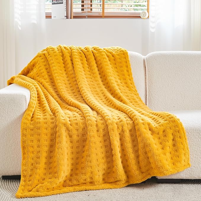 NEWCOSPLAY Super Soft Throw Blanket Yellow Premium Silky Flannel Fleece 3D Waffle Checkered Lightweight Bed Blanket All Season Use (Mustard Yellow, Throw(50"x70"))