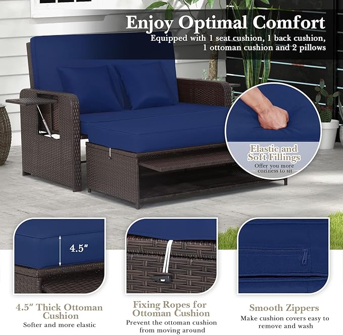 HAPPYGRILL Patio Rattan Wicker Daybed with Loveseat & Storage Ottoman, Outdoor Lounge Sofa Furniture Set with Adjustable Backrest & Side Trays, for Poolside Deck Porch Lawn (Mix Brown & Navy)