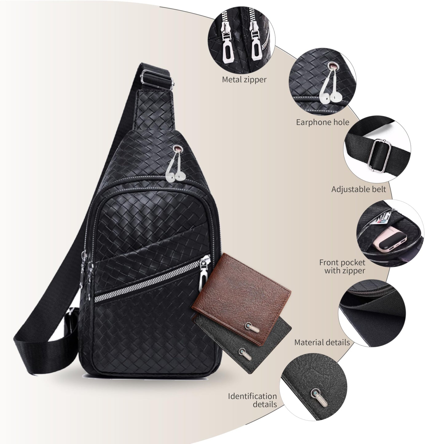 2 Pack Sling Bag Set, PU Leather Sling Bag with Classic Wallet, Multi-Zipper Design for Travel, Outdoors