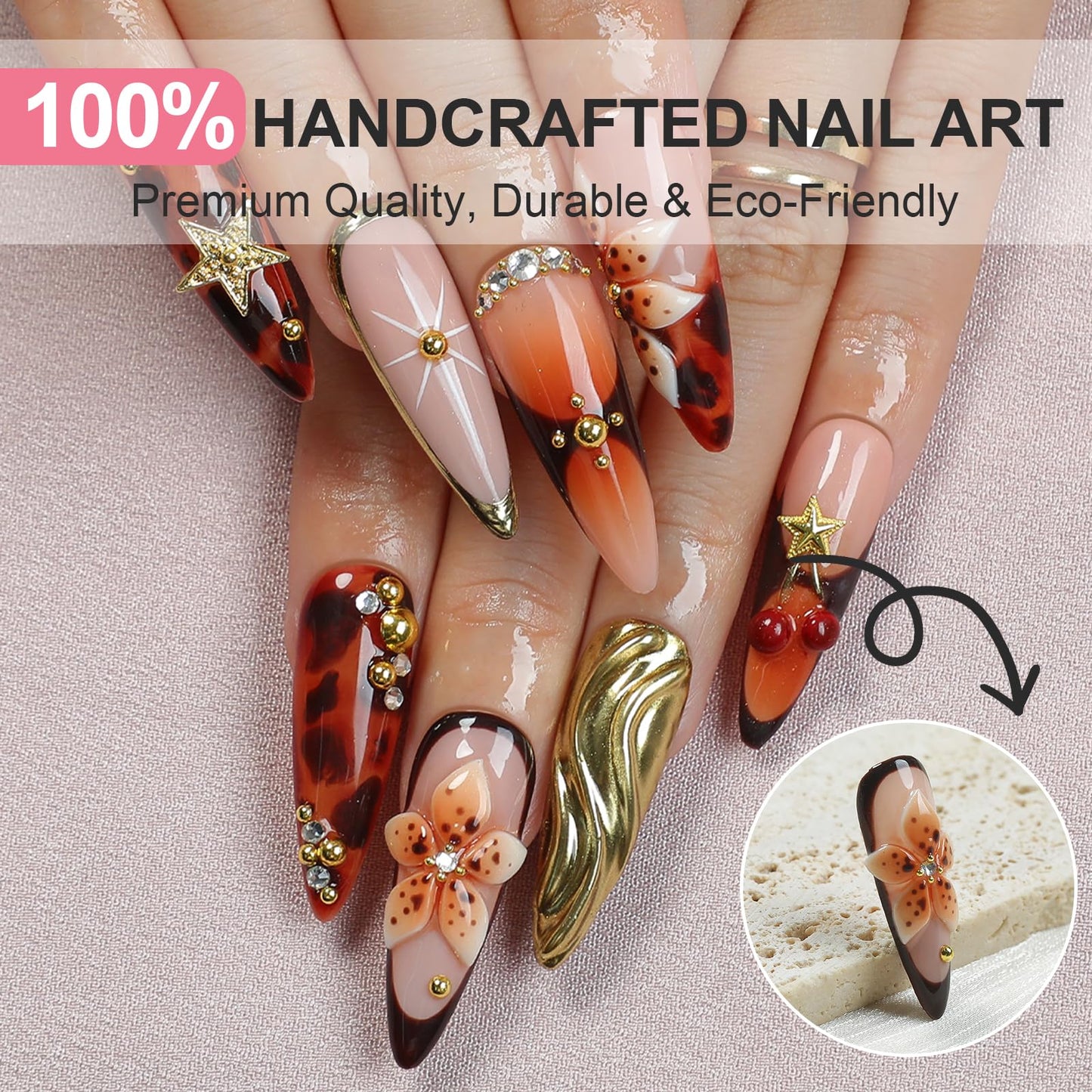 Homsera French Tip Press on Nails with 3D Stars & Flowers - Long Stiletto False Nails Handmade Design for Women Party Wedding
