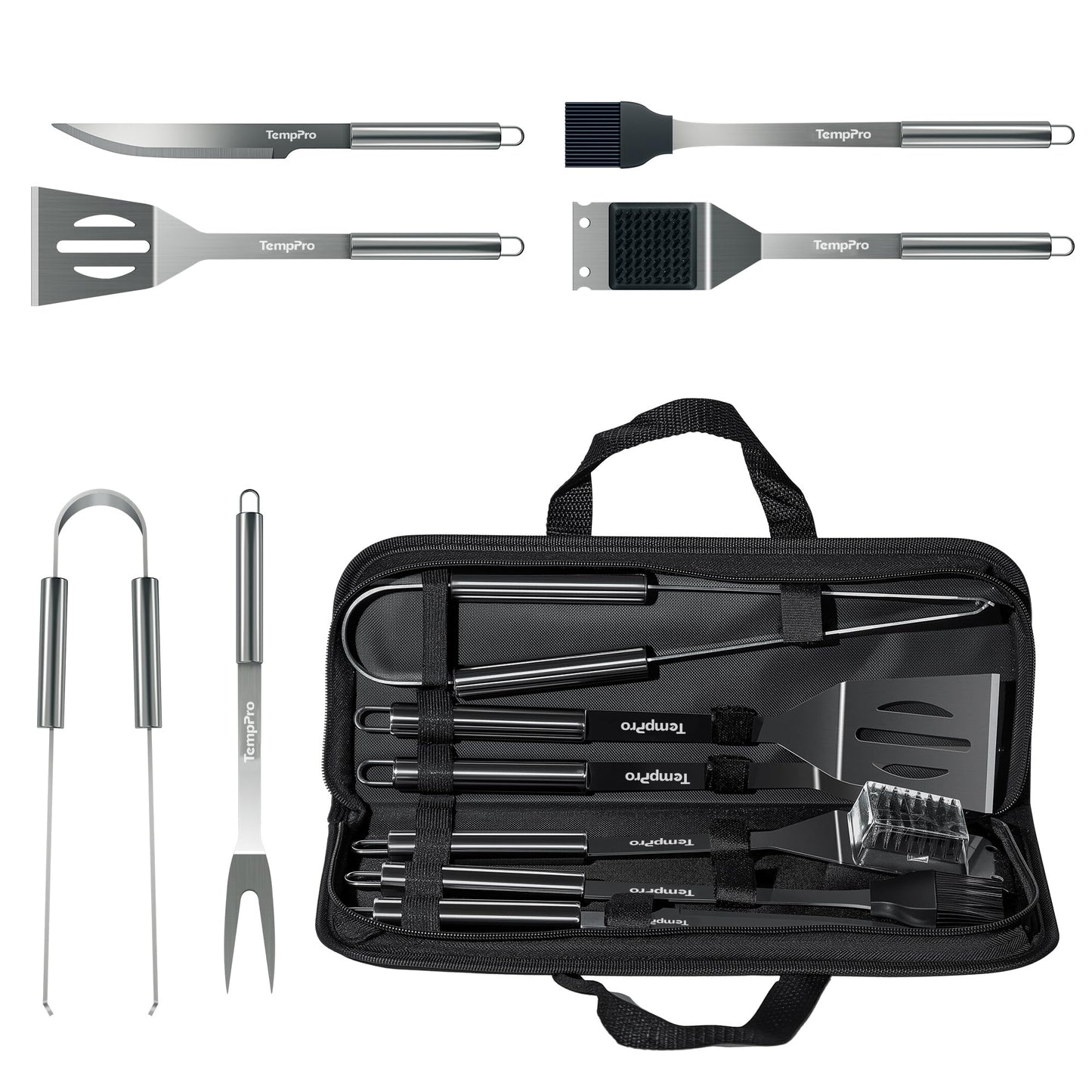 TempPro Grilling Accessories Grill Set with Spatula, Fork, Brush & Tongs, Heavy Duty Stainless Steel Grill Tools for Camping Burger, BBQ Accessories for Men Dad Him (Previously ThermoPro)