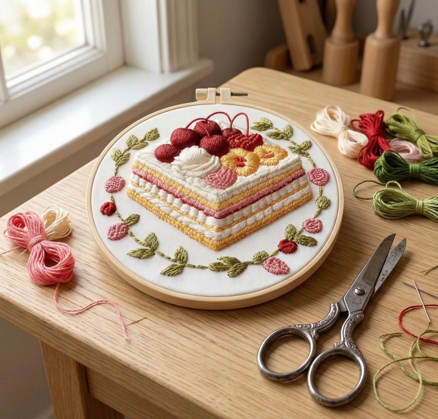 Embroidery Set for Beginners, 4 Sets Cake Fruit Beginner Embroidery Kit for Adults, Includes Embroidery Clothes with Pattern, Hoop, Instruction Manual, Color Stitch Set