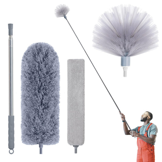 IVYROLL Duster with Extension Pole, Skinny Duster/Under Appliance Cleaning Tool & Spider Web Brush & Ceiling Cleaner, 100" Microfiber Feather Cleaner with Washable Head for Fan Furniture Wall
