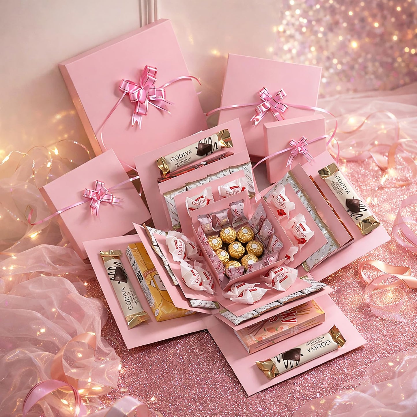 4-Layer Explosion Gift Box, 10''x10''x7'' Pink Creative Gift Boxes for Presents, DIY Surprise Gift Box Explosion for Birthday Birthday Easter Mother's Day and Father's Day Anniversaries (Pink)