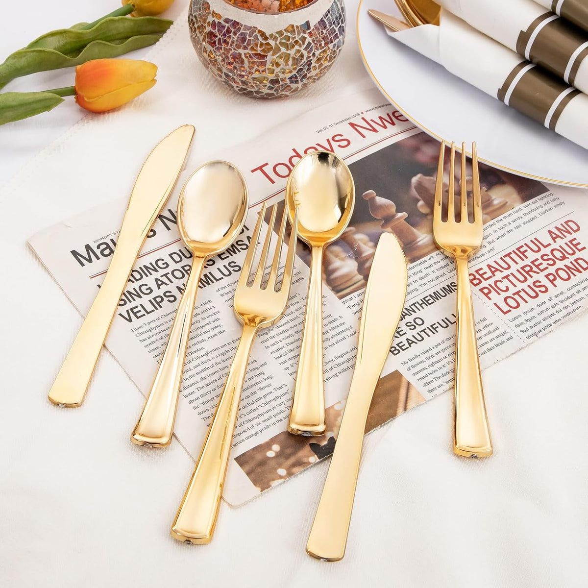 Supernal 120Pack Gold Plastic Silverware Wrapped Plastic Cutlery Set with Napkin,Pre Rolled Napkins with Cutlery Set,Rolled Silverware Disposable For Halloween Thanksgiving Christmas