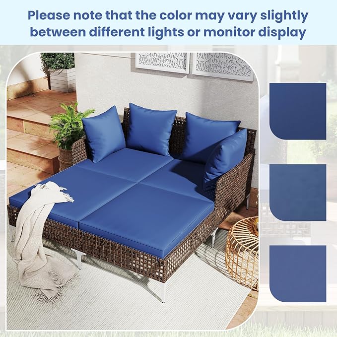 Tangkula Outdoor Rattan Double Daybed, Boho Wicker Chaise Lounge for 2 with Seat & Back Cushions, Outdoor Sunbed Loveseat with Metal Support for Backyard, Poolside & Deck (Navy)