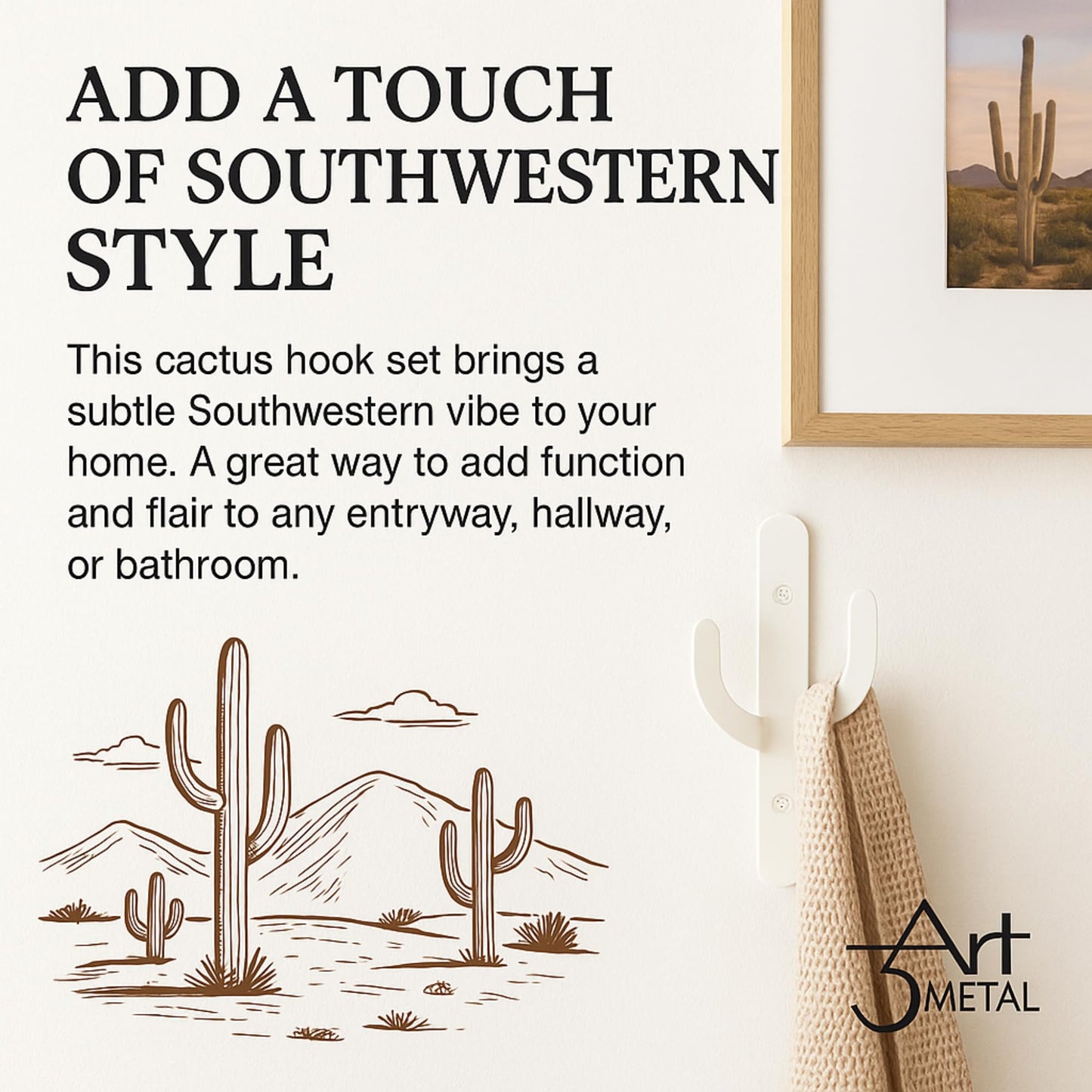 3Art Metal Cactus Wall Hooks Set of 2 – Black & White Minimal Metal Hangers – Decorative Wall Rack for Entryway, Bathroom, Kitchen, Modern Minimalist Decor