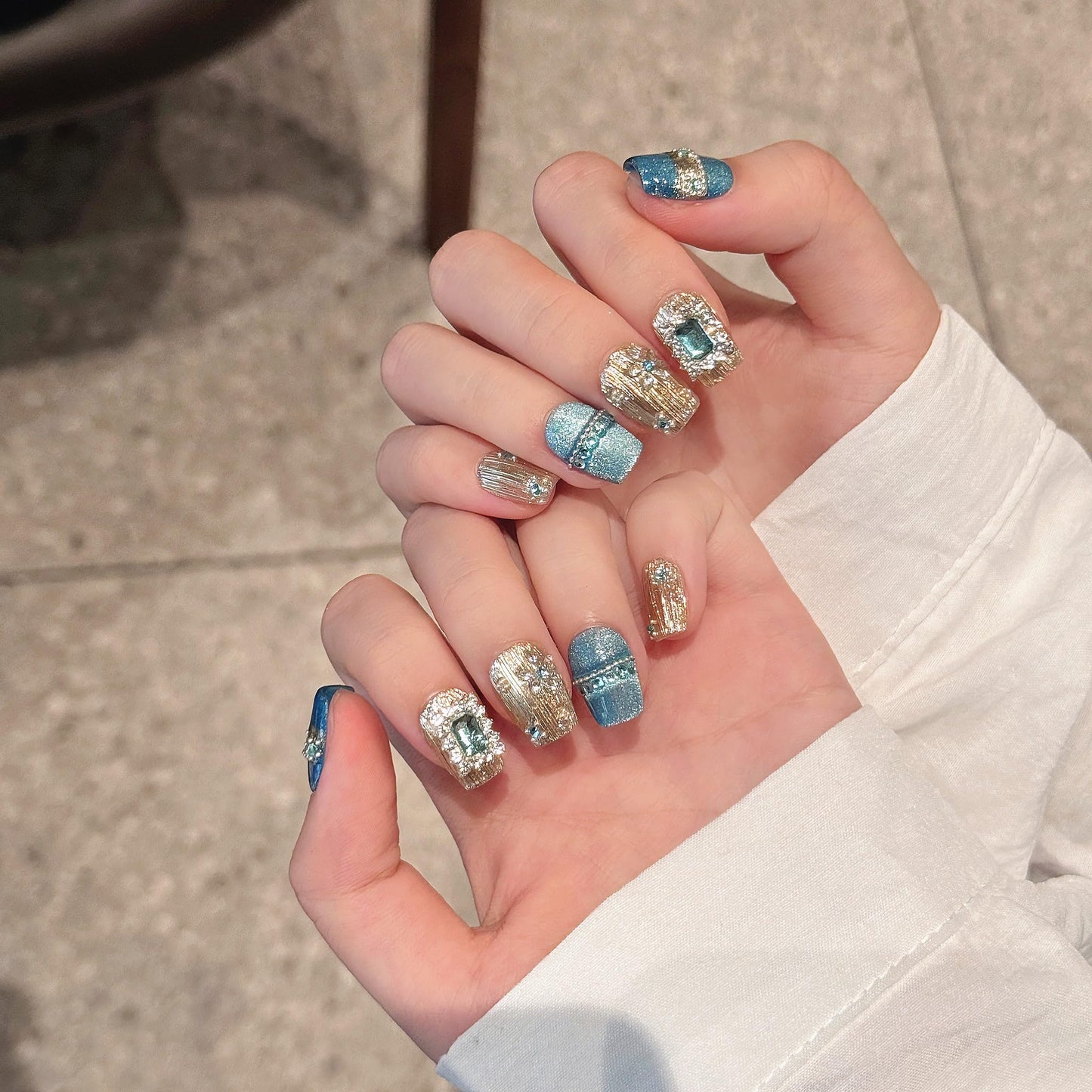 NLSJMP 3D handmade Gel nails press on false nails short square Peacock blue sparkling rhinestone cute acrylic Reusable fake nails designed kit,10 Nails Size S #2058