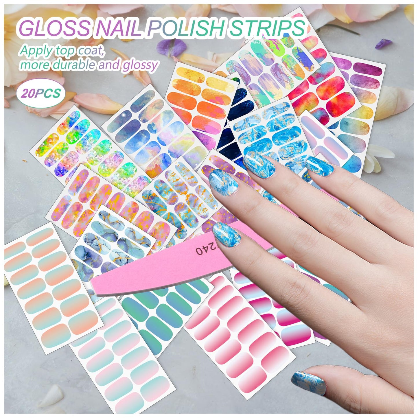 SILPECWEE Nail Polish Strips, 20 Sheets Rainbow Nail Polish Stickers Full Nail Wraps Self Adhesive Gel Nail Stickers Strips Fingernail Art Sticker Nails for Women with File