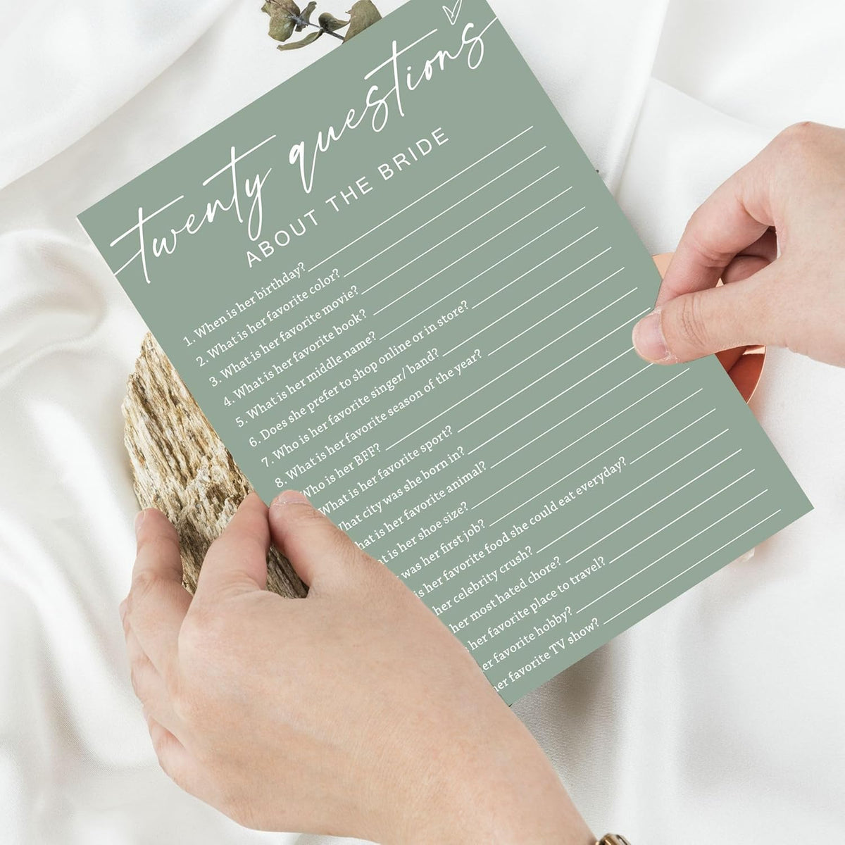Bridal Shower Games Cards - Twenty Questions About The Bride for 25 Guests, Engagement Party Wedding Game, Minimalist Green Party Supplies - C05