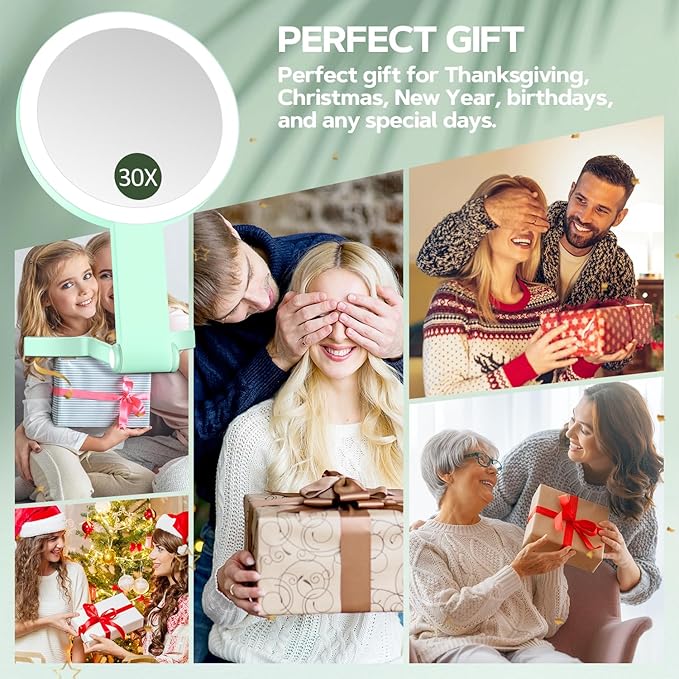 Lighted Makeup Mirror, 30X Magnifying Mirror with Light, Hanging and Handheld Mirror with Handle, Green