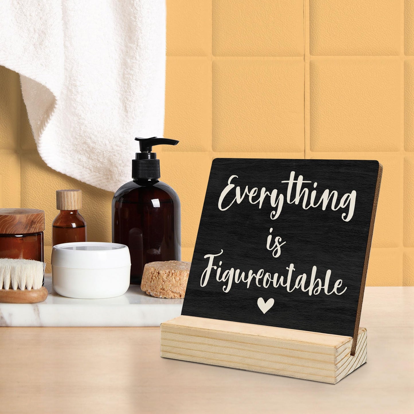 Mfyossrll Inspirational Desk Decor, Everything Is Figureoutable Decorative Signs & Plaques, Motivational Desk Sign with Wooden Stand for Home Bedroom Office Classroom Shelf Table Decor