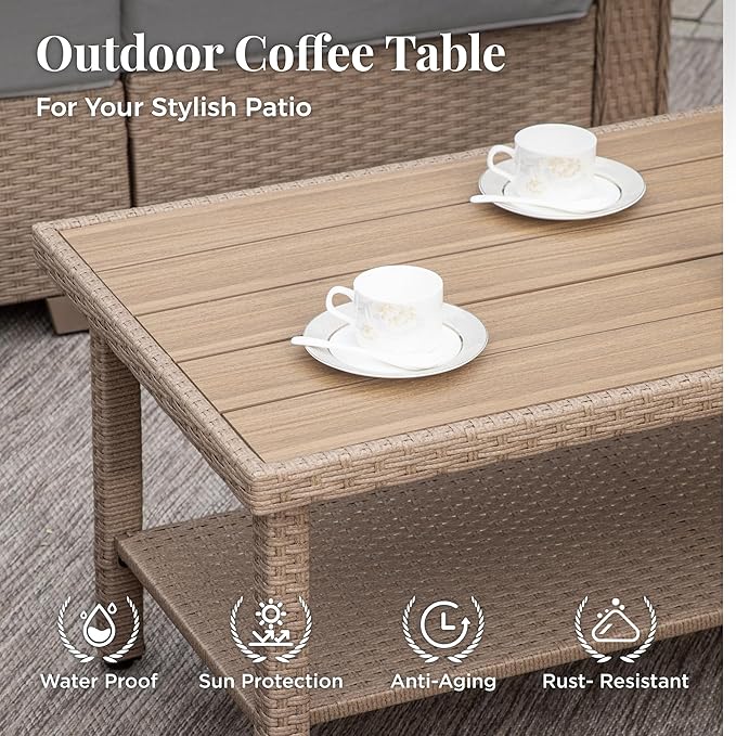 Patio Furniture Set 6 pcs, Wicker Outdoor Patio Furniture, 3-Seat Sofa, 4 Single Chairs and Coffee Table, Rattan Patio Conversation Set for Backyard Deck, Grey