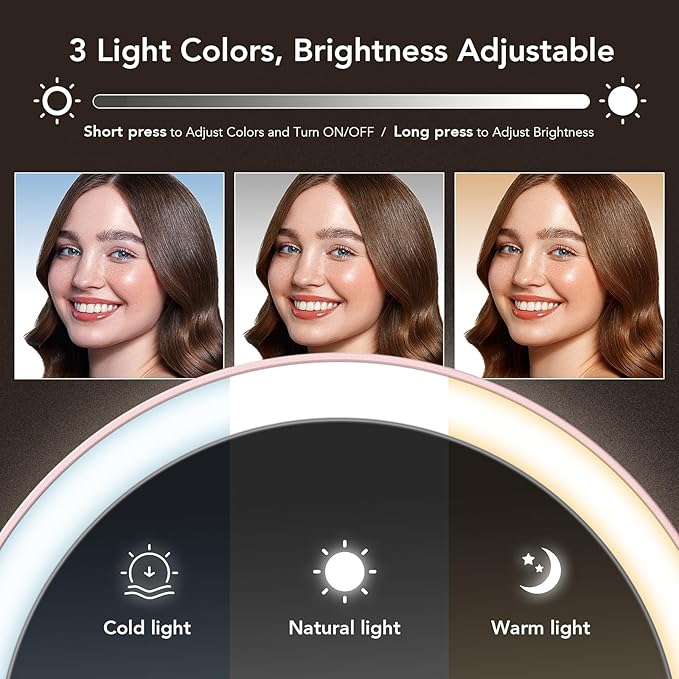 LitBear Travel Makeup Mirror with Lights, Rechargeable Double-Sided 10X/1X Magnifying Mirror, Portable Lighted Beauty Mirror, 3 Color Lighting, Dimmable Touch Screen, Tabletop Handhold Hanging (Pink)