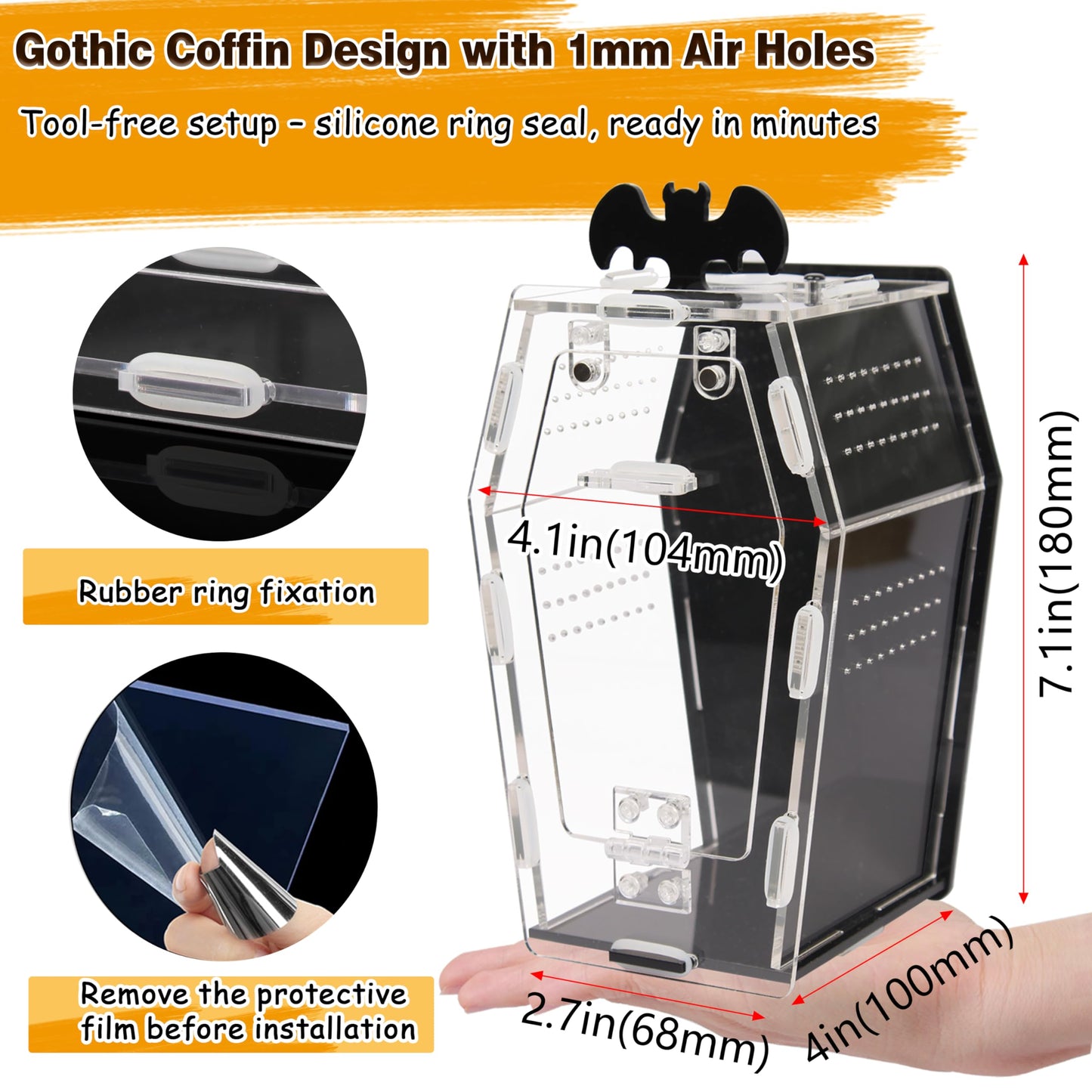ZUIFIANLE 19PCS Jumping Spider Enclosure Kit, Acrylic Goth Coffin Terrarium with Magnetic Lock & Feeding Hole, DIY Decor Set for Tarantula Mantis Insect Habitat, Black Base