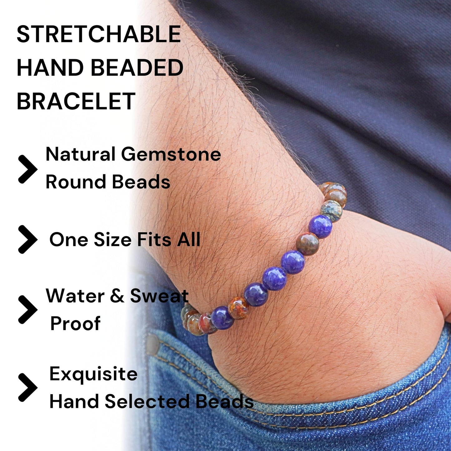 ABSHEL Jasper & Sodalite Bracelet for Men - Genuine Jasper Crystals and Healing Stone Bracelet for Men's Gift - 8" Stretch Bracelet with Charm