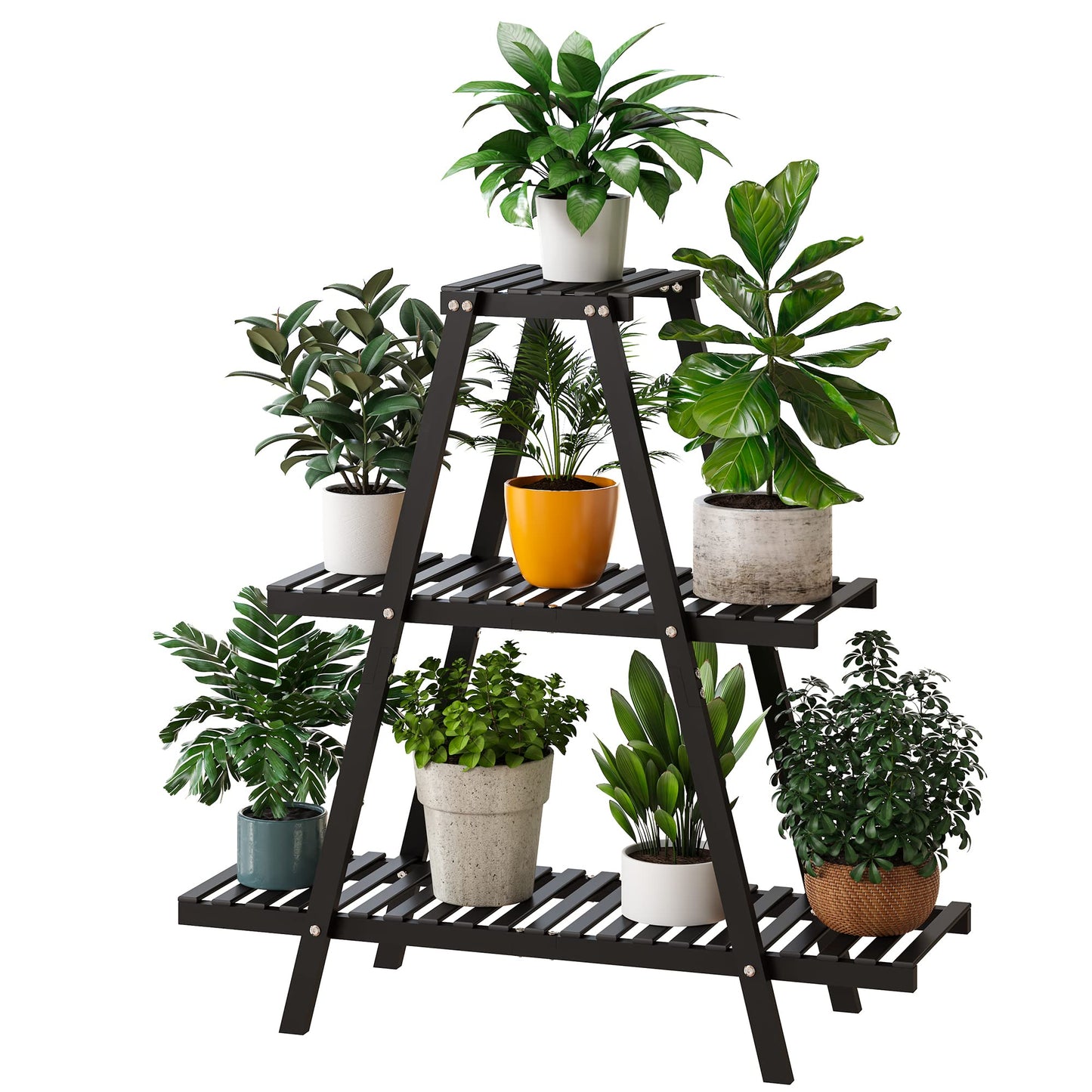 Furshus Bamboo Plant Stand Indoor/Outdoor, 3-Tier, Black, Rectangular, 8 Potted Flower Holder Ladder Plant Rack