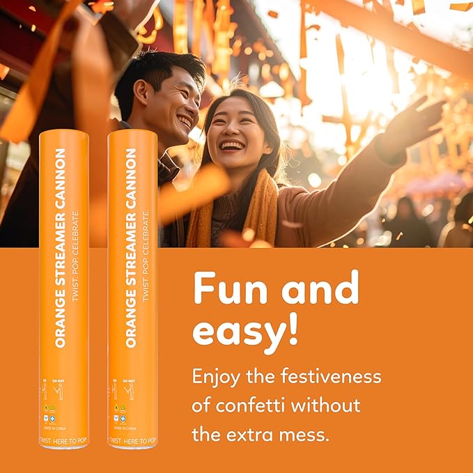 2 Pack Streamer Cannon Confetti Poppers | Biodegradable Orange Confetti | TUR Party Supplies | Launches Up to 25ft | Giant (12 in) | Party Poppers for Graduation, Birthdays, Weddings, and Memorial Day