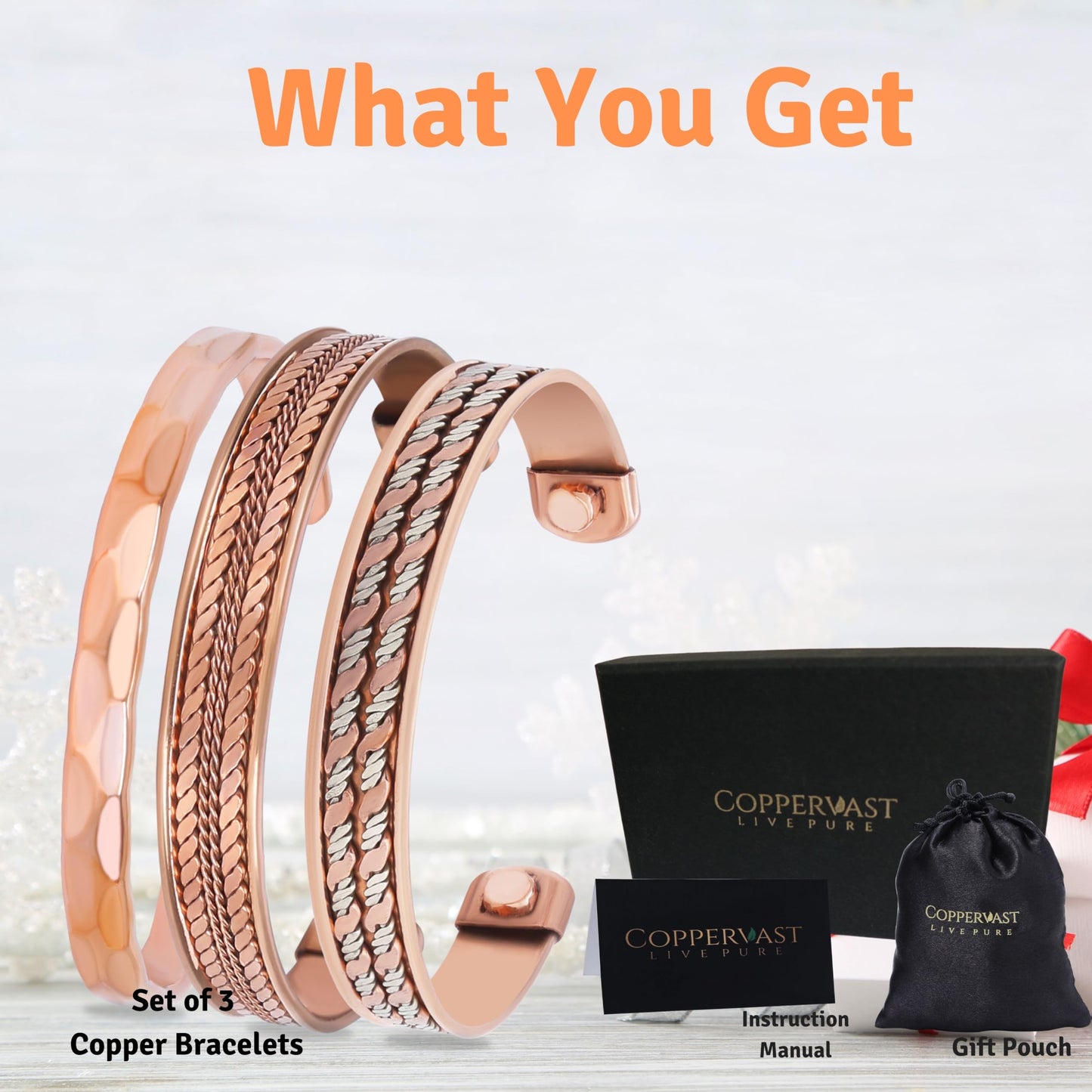 Pure Copper Bracelet Set for Men & Women –3-Piece - Handmade Adjustable Solid Copper Cuff Bangles with Gift Bag | Elegant Unisex Copper Jewelry Gift for Mom