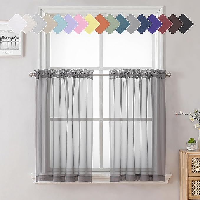 Lecloud Charcoal Grey Sheer Kitchen Curtains 36 Inch Length 2 Pcs, Sheer Voile Curtain Tiers with Dual Rod Pockets, Cafe Window Small Curtains for Bedroom Living Room, 40 x 36 Inch